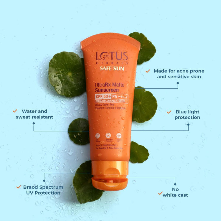 Lotus Herbals Safesun UltraRx Matte Sunscreen SPF 50 PA++++ | Cica & Green Tea | Water & Sweat Resistant | No White Cast | Dermatologically Tested | 50gm