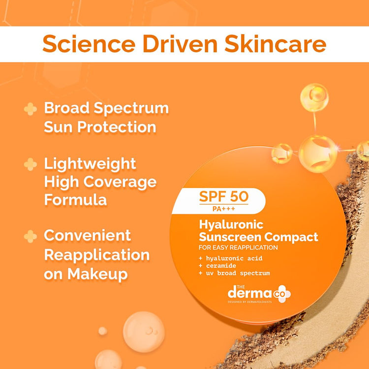 The Derma Co Hyaluronic Sunscreen Compact Powder SPF 50 PA+++ with Ceramides | Matte Finish | Even Skin Tone | Oil Control | Non sticky - 7g