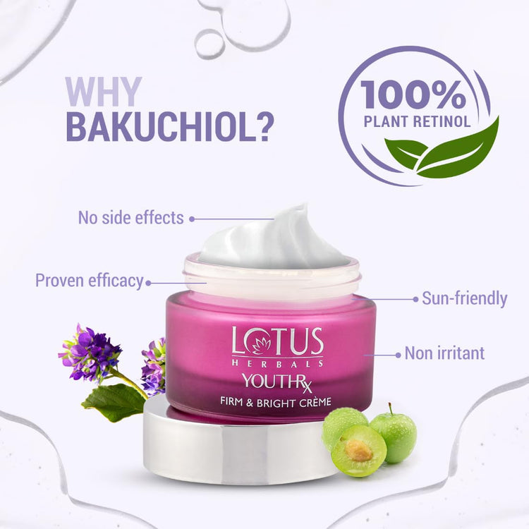 Lotus Herbals YouthRx Firm & Bright Cream | SPF 20 | PA+++ | Bakuchiol Retinol & Vitamin C | Anti Ageing & Brightening | 50g