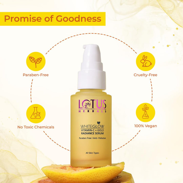 Lotus Herbals WhiteGlow Vitamin C and Gold Radiance Face Serum | Reduces Dark Spots | Enriched with Vitamin C & Gold | | 100x More Vitamin C | Smoothens Skin | Boosts Radiance | Paraben-Free | 30ml