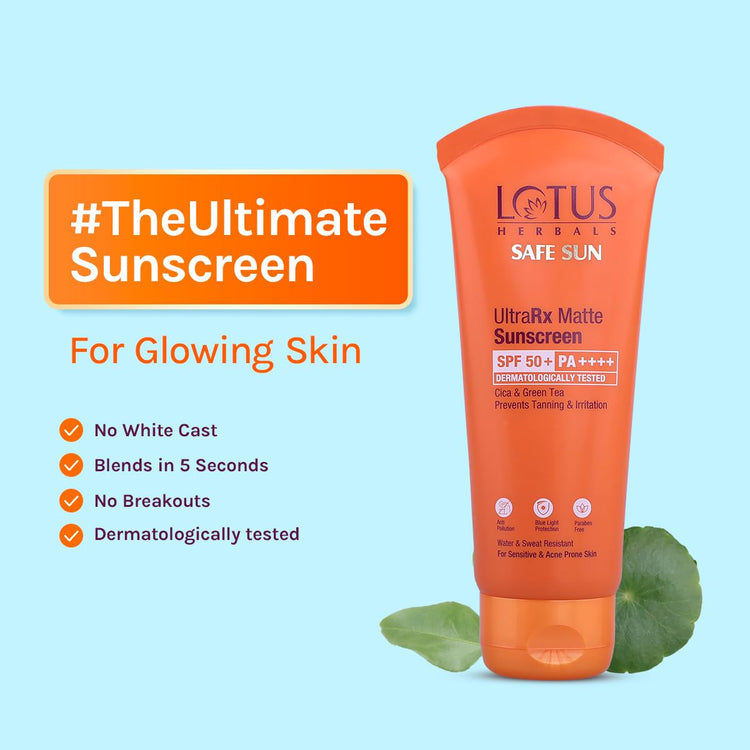 Lotus Herbals Safesun UltraRx Matte Sunscreen SPF 50 PA++++ | Cica & Green Tea | Water & Sweat Resistant | No White Cast | Dermatologically Tested | 50gm