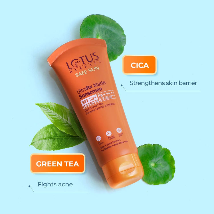 Lotus Herbals Safesun UltraRx Matte Sunscreen SPF 50 PA++++ | Cica & Green Tea | Water & Sweat Resistant | No White Cast | Dermatologically Tested | 50gm