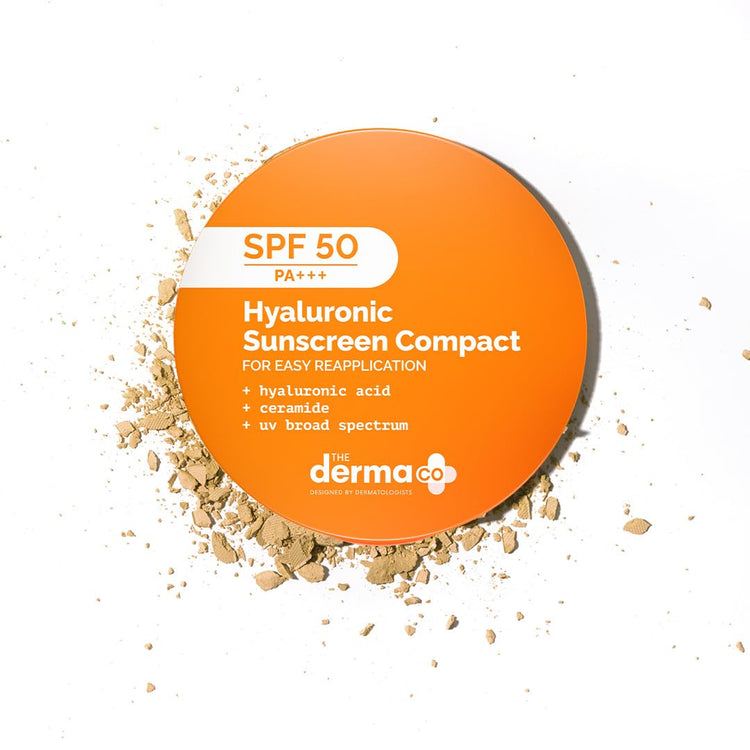 The Derma Co Hyaluronic Sunscreen Compact Powder SPF 50 PA+++ with Ceramides | Matte Finish | Even Skin Tone | Oil Control | Non sticky - 7g