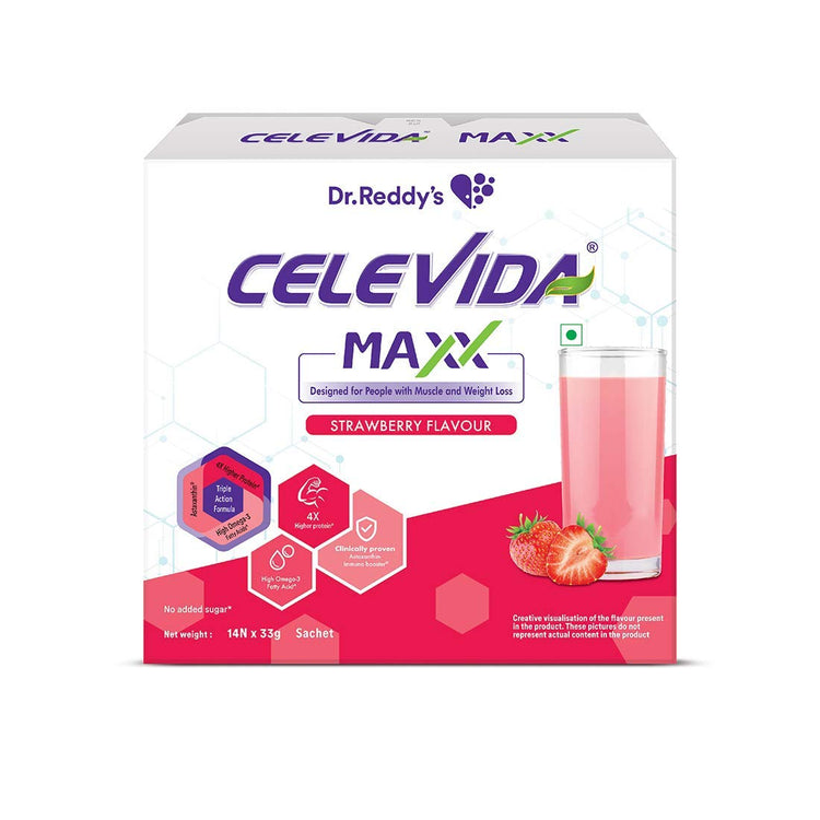 Celevida Maxx Dr. Reddy’s - High-Protein and Immunity Supplement to support muscle health and immunity | Strawberry Flavour | 462 gms (14 sachets x 33g)