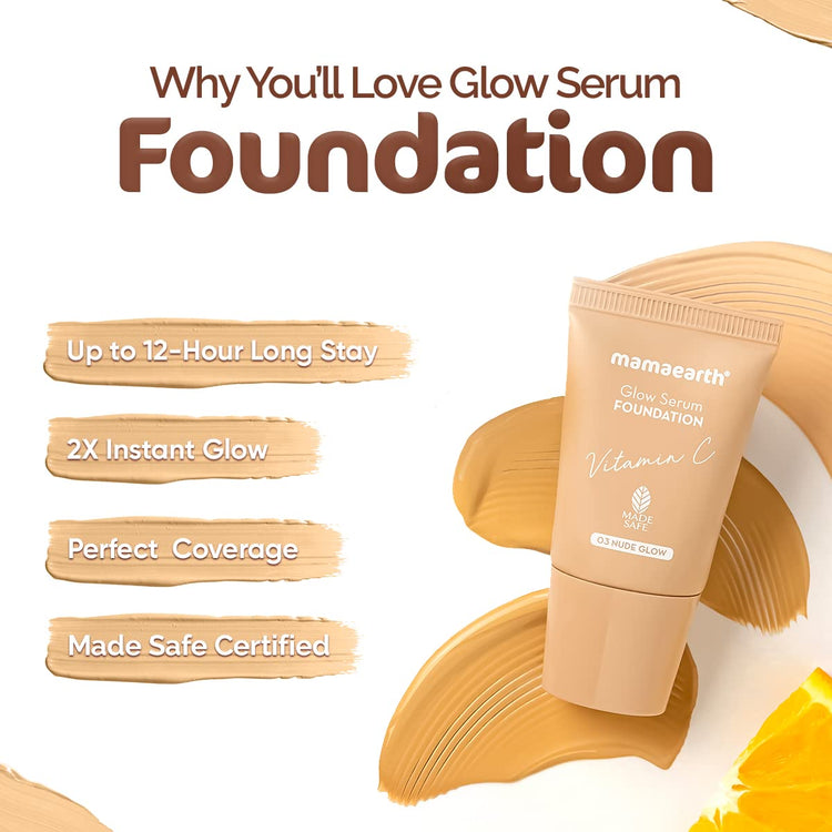 Mamaearth Glow Serum Medium Coverage Natural Foundation For All Skin Type Mini Tube With Vitamin C & Turmeric For 12-Hour Long Stay- 18 Ml L 12-Hour Long Stay | 2X Instant Glow (Crème Glow)