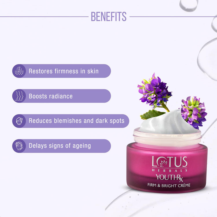 Lotus Herbals YouthRx Firm & Bright Cream | SPF 20 | PA+++ | Bakuchiol Retinol & Vitamin C | Anti Ageing & Brightening | 50g