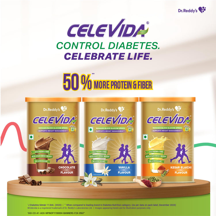 Celevida Protein Powder Drink for Diabetes Management by Dr. Reddy’s | Chocolate Flavour | No Added sugar | Plant based | For Sugar control, Weight Management & Immunity Support | 400gm I Pack of 1