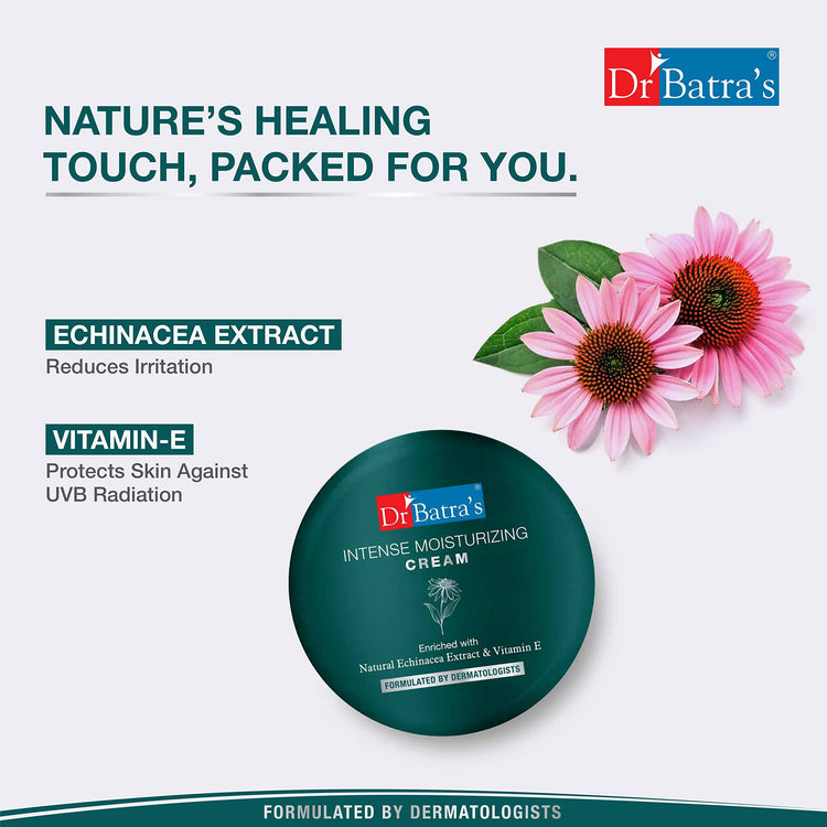 Dr Batra's Intense Moisturizing cream, Enrihced with Echinacea & Vitamin E, Long lasting hydration, Cream for Smooth, Silky & Youthful Skin, Natural glow, Safe to use (100g)