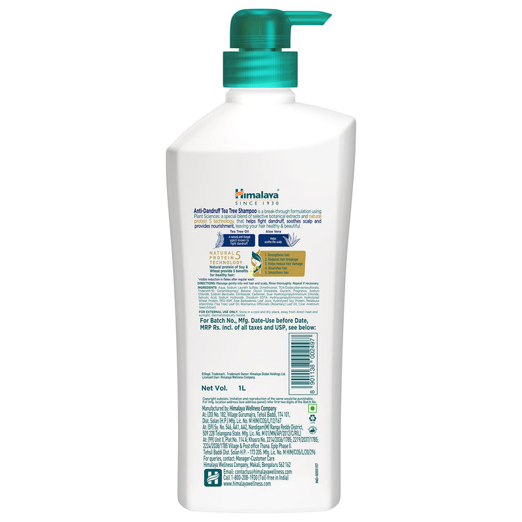 Himalaya Anti-Dandruff Tea Tree Shampoo, Removes up to 100% Dandruff, Soothes Scalp & Nourishes Hair, with Tea Tree oil and Aloe Vera, for men and women, 1000ml