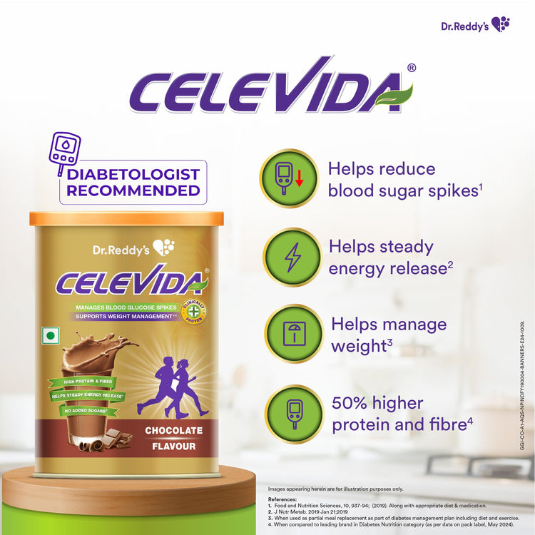 Celevida Protein Powder Drink for Diabetes Management by Dr. Reddy’s | Chocolate Flavour | No Added sugar | Plant based | For Sugar control, Weight Management & Immunity Support | 400gm I Pack of 1